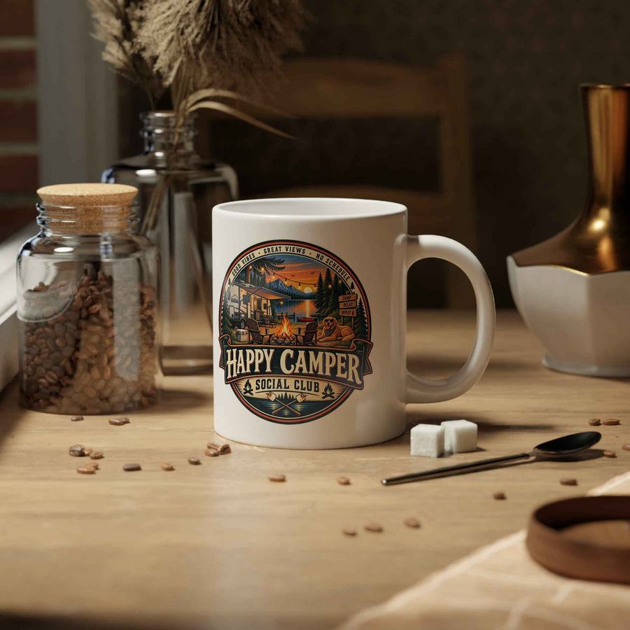 RV Happy Camper 20oz Jumbo Coffee Mug – Rustic Camping Adventure Design