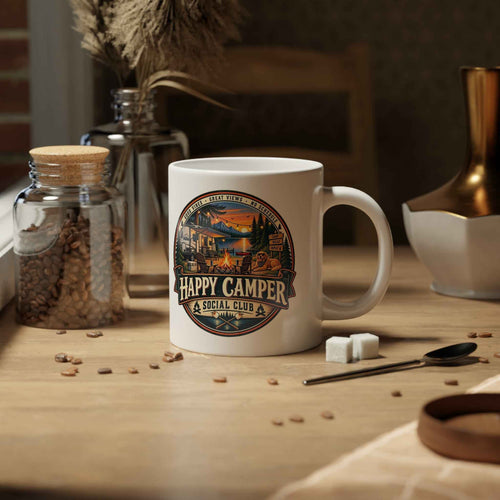 RV Happy Camper 20oz Jumbo Coffee Mug – Rustic Camping Adventure Design