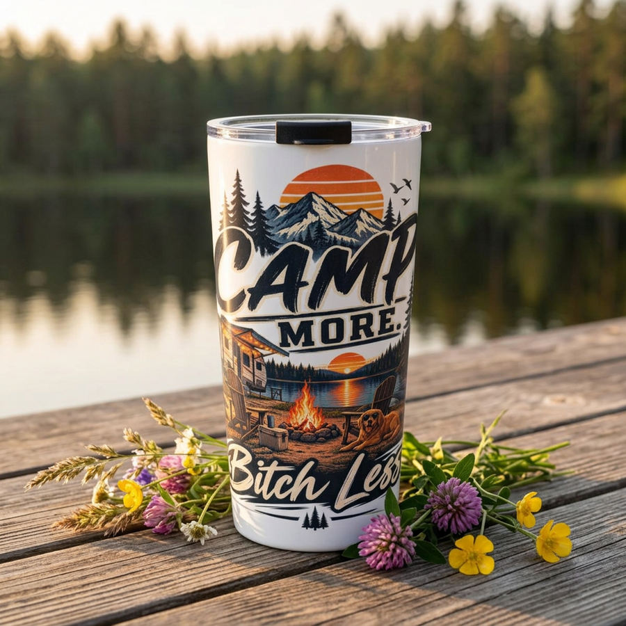 "Camp More, Bitch Less" 20oz Camping Tumbler - Insulated Travel Mug with Campfire & Mountain Design - No Safe Tee's
