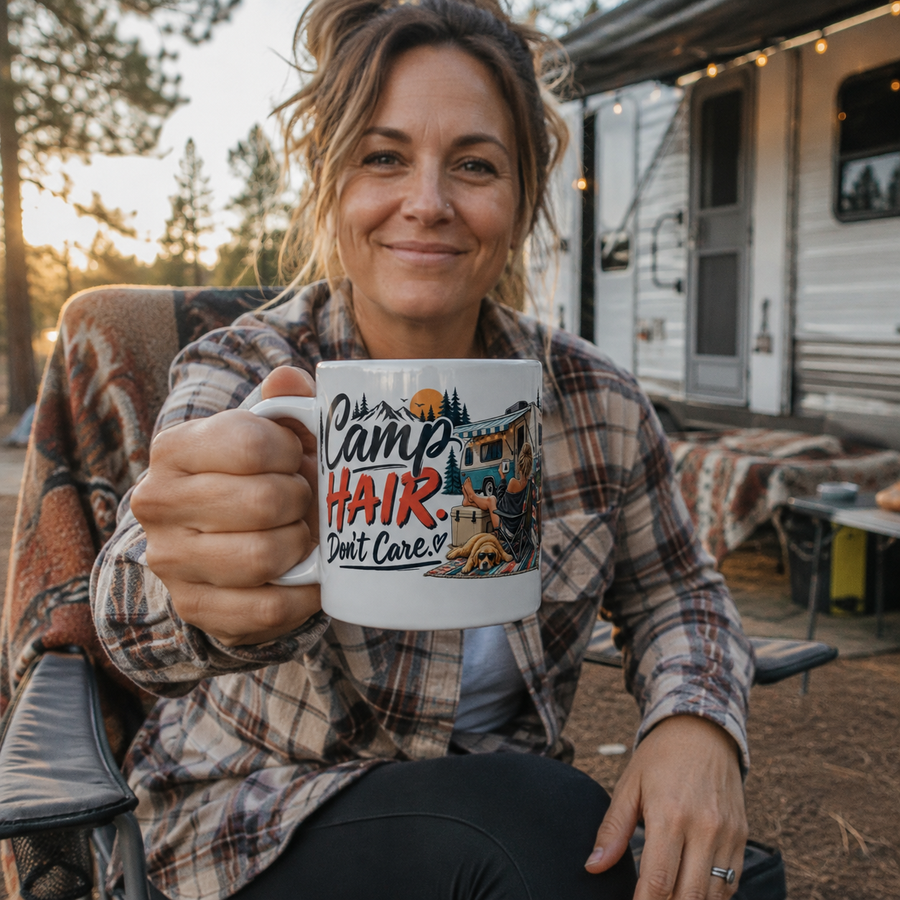 Camp Hair Don’t Care 20oz Jumbo Mug – RV Camping Campervan Coffee Cup