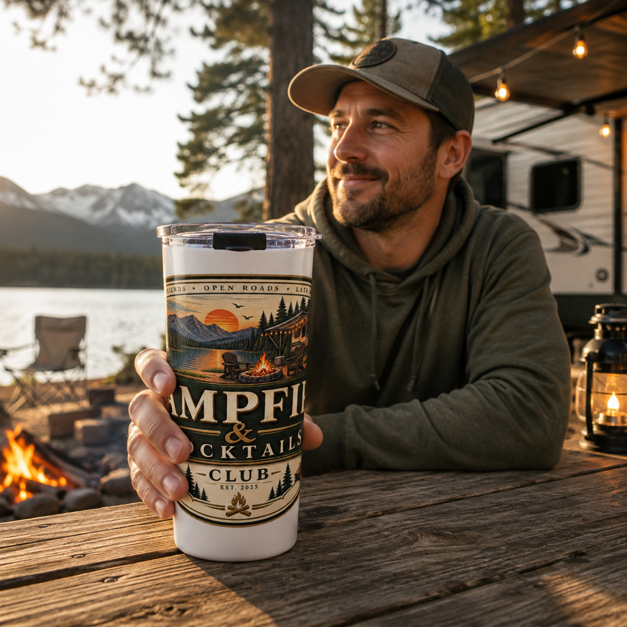 Campfire & Cocktails Tumbler — 20oz Insulated Camping Travel Mug - No Safe Tee's