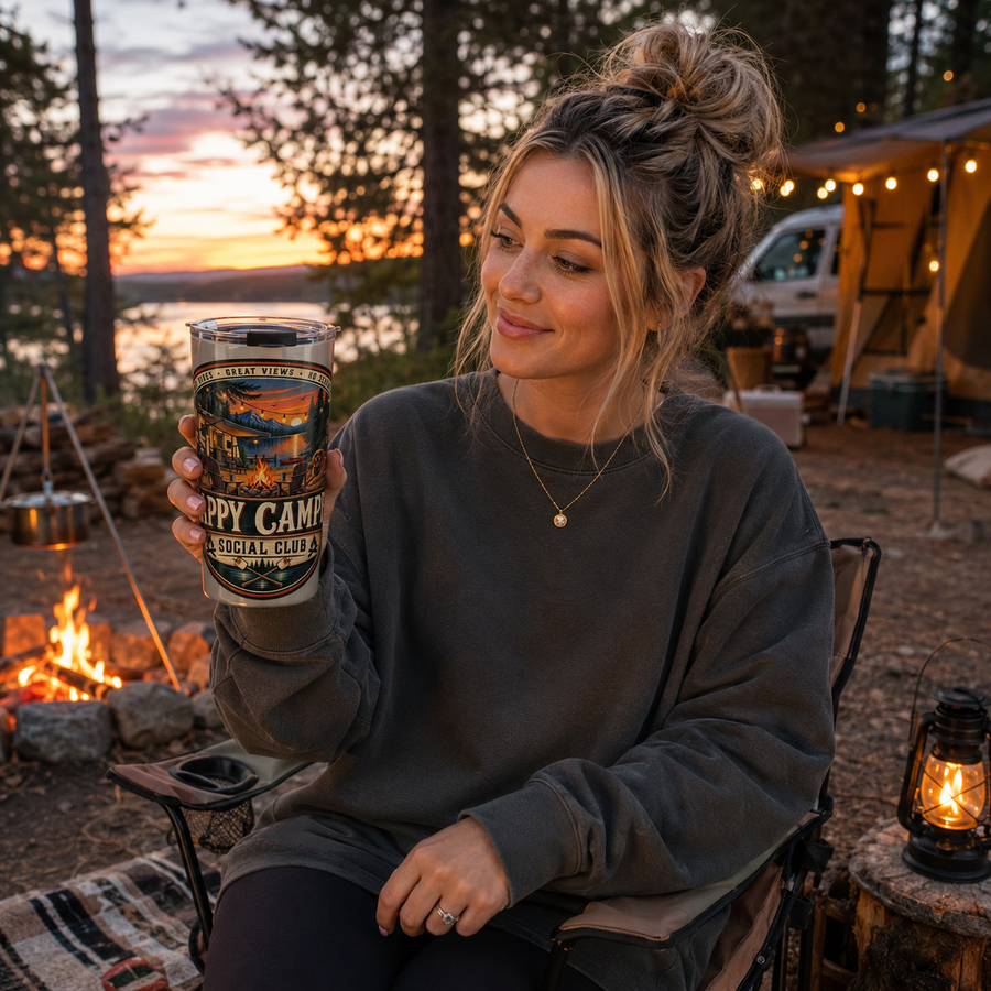 Happy Camper 20oz Tumbler – Campfire Lake Sunset Travel Mug - No Safe Tee's