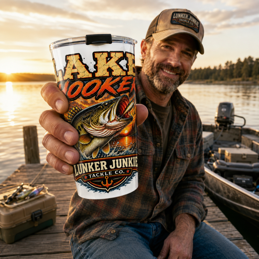 Lake Hooker - Lunker Junkie-20oz Bass Angler Insulated Travel Cup - No Safe Tee's