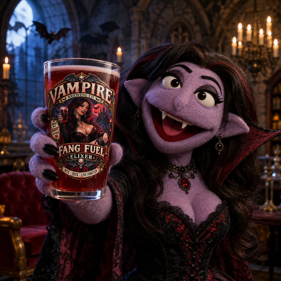 Vampire Brewing Co. Fang Fuel Elixir 16oz Pint Glass — Retro Halloween Vampire Glass (Female) - No Safe Tee's