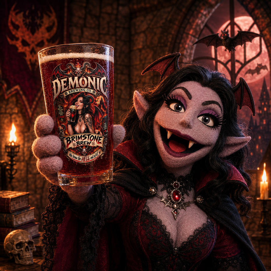 Demonic Brewing Co. Brimstone Brew 16oz Pint Glass — Retro Halloween Demon Glass (Female) - No Safe Tee's