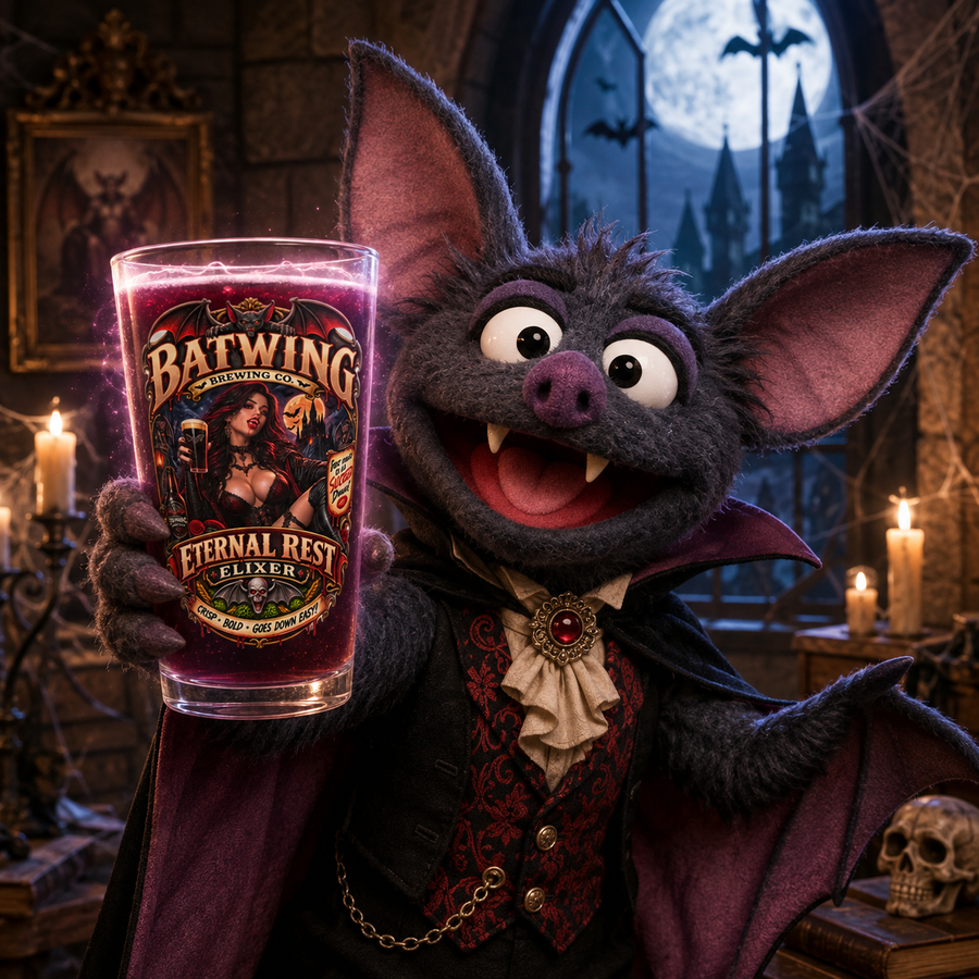Batwing Brewing Co. Eternal Rest Elixir 16oz Pint Glass — Retro Halloween Vampire Glass (Female) - No Safe Tee's