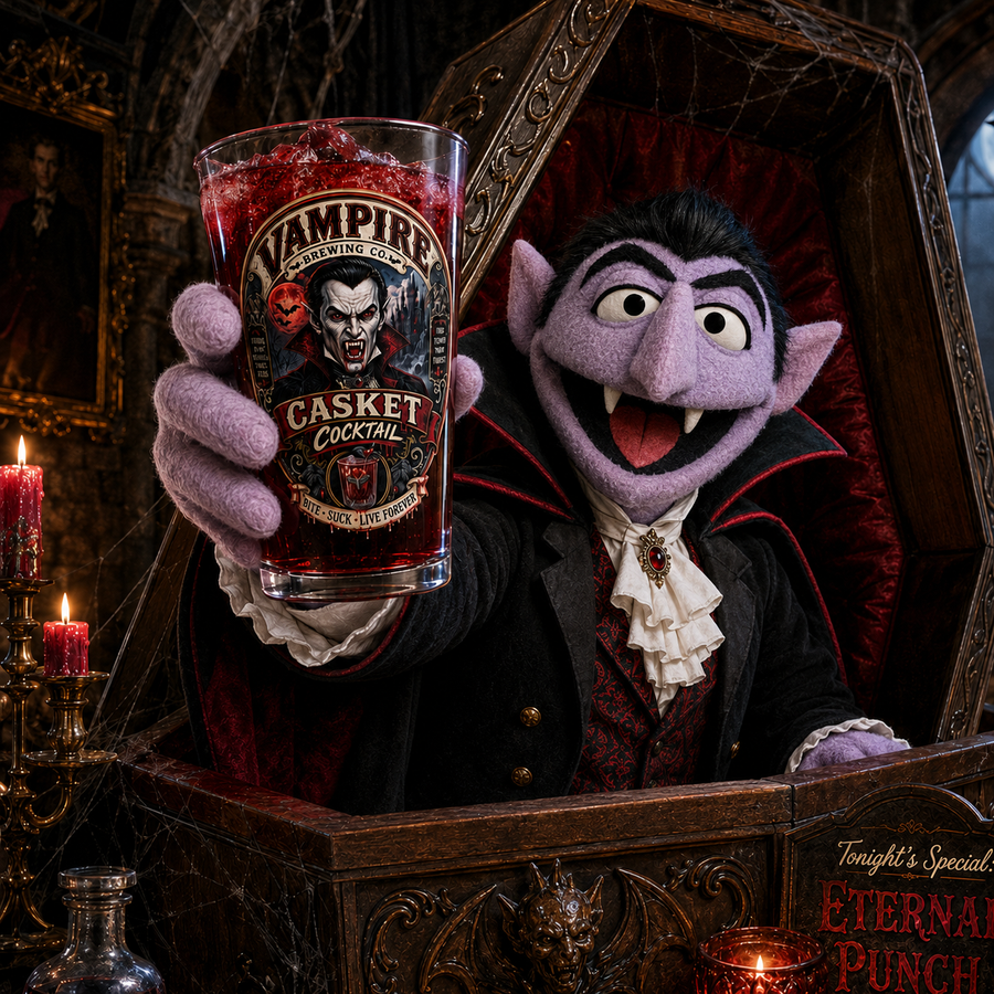 Vampire Brewing Co. Casket Cocktail 16oz Pint Glass — Retro Halloween Dracula Glass (Male) - No Safe Tee's