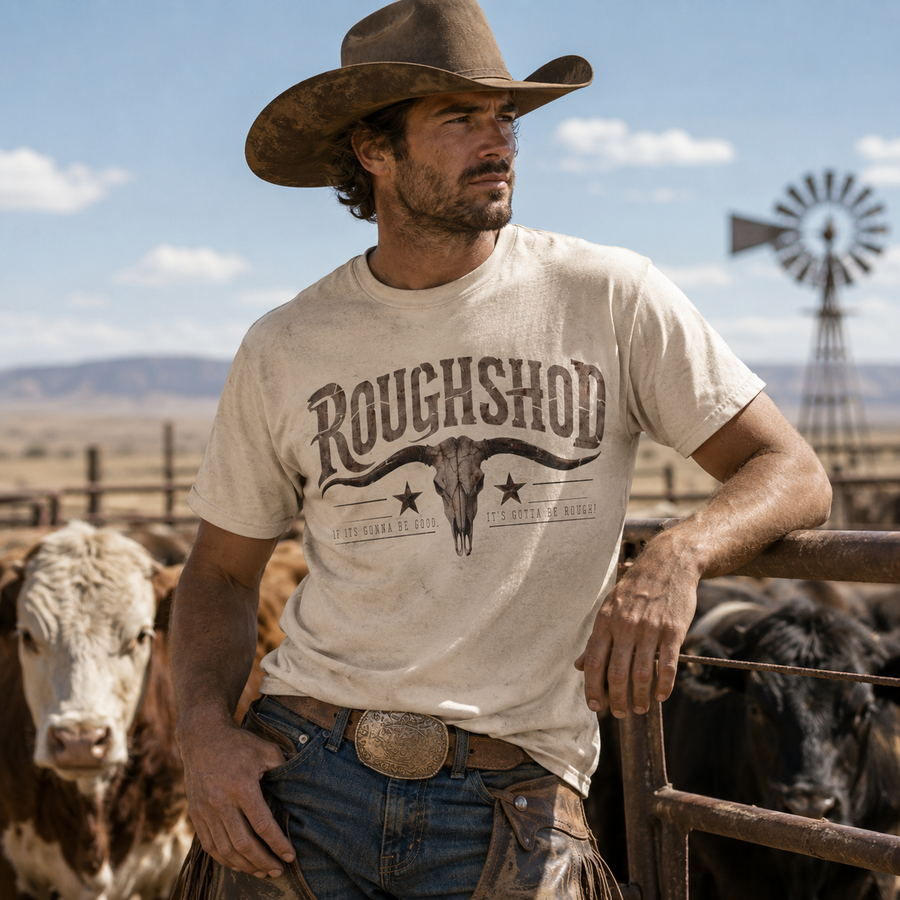 Roughshod Western T-Shirt — Steer Skull Ranch Graphic Tee - No Safe Tee's