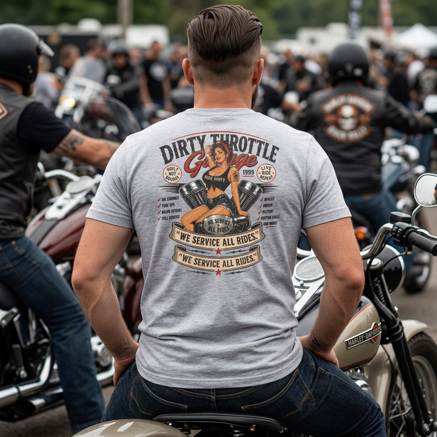 Dirty Throttle Garage T‑Shirt — Retro Pinup Motorcycle Tee (We Service All Rides) - No Safe Tee's