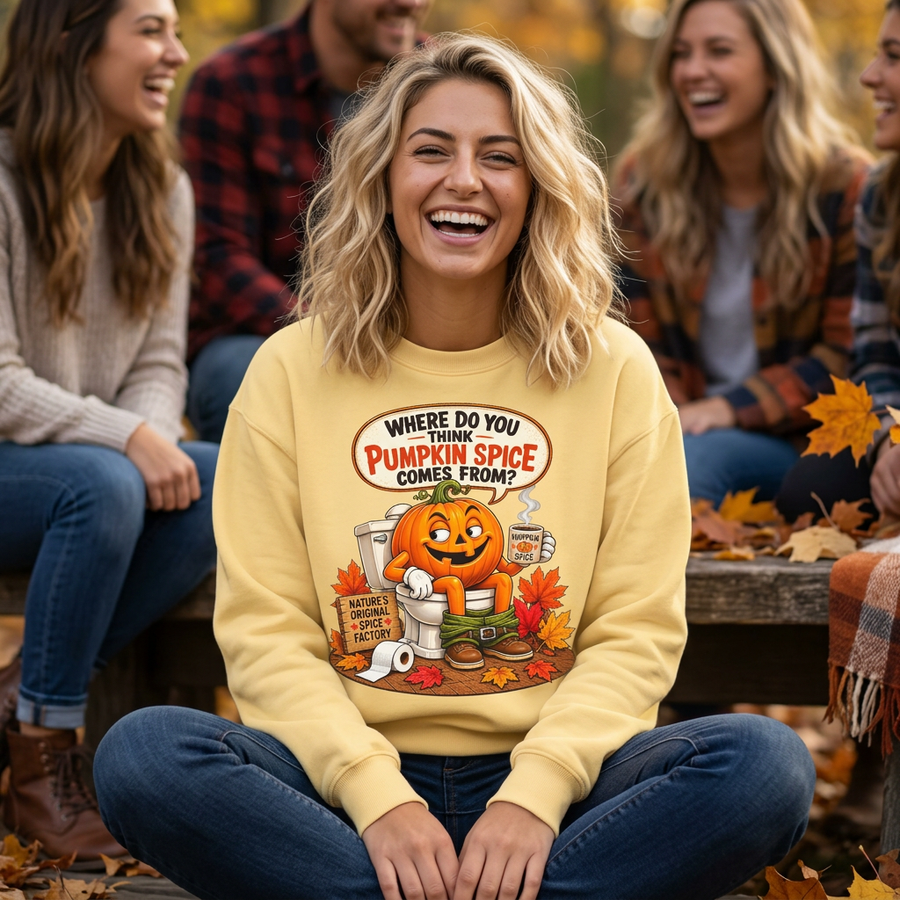 Pumpkin Spice Funny Fall Sweatshirt — "Where Do You Think Pumpkin Spice Comes From?"