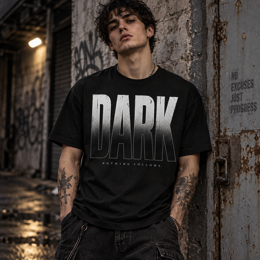 Dark Nothing Follows Gradient Graphic T-Shirt — "DARK" Ombre Lettering Tee