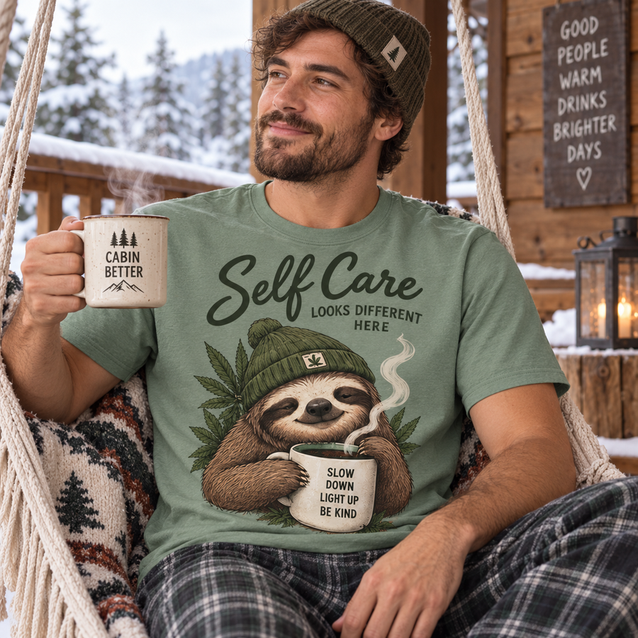Self Care Sloth T-Shirt — "Self Care Looks Different Here" Relaxation Graphic Tee