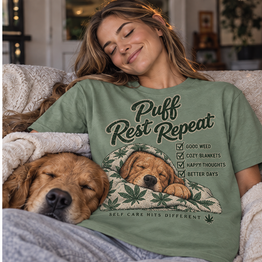 Puff Rest Repeat T-Shirt — Cozy Self-Care Dog Graphic Tee