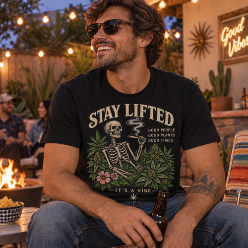 Stay Lifted T-Shirt — Skeleton, Cannabis & 'It's a Vibe' Graphic Tee