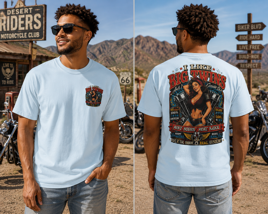 I Like Big Twins T-Shirt — Vintage Pinup Motorcycle Engine Graphic Tee - No Safe Tee's