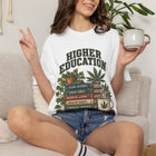 Higher Education T-Shirt — 'Higher Education' Plant & Cannabis Book Stack Graphic Tee – view 2