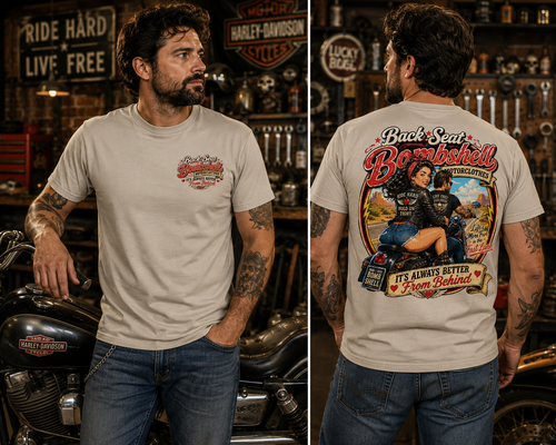 Back-Seat Bombshell Motorcycle T-Shirt — "It's Always Better From Behind" Retro Rider Tee - No Safe Tee's