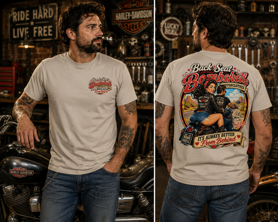 Back-Seat Bombshell Motorcycle T-Shirt — "It's Always Better From Behind" Retro Rider Tee - No Safe Tee's