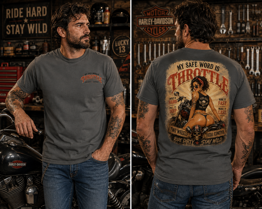 Throttle Graphic T-Shirt — "My Safe Word Is Throttle" Biker Vintage Tee - No Safe Tee's
