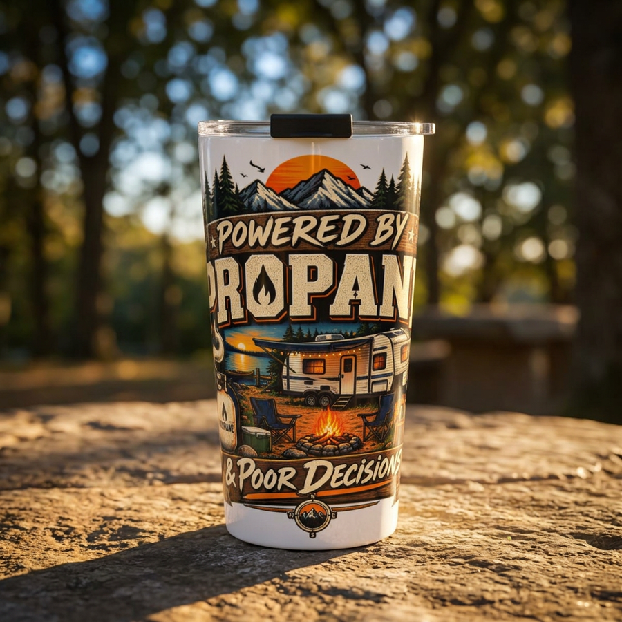 Powered by Propane Camper Tumbler - RV Camping Travel Mug - No Safe Tee's