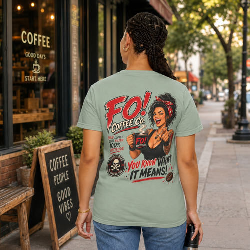 FO! Coffee Co. Graphic T-Shirt — Retro Pin-Up Coffee Tee ("You Know What It Means")