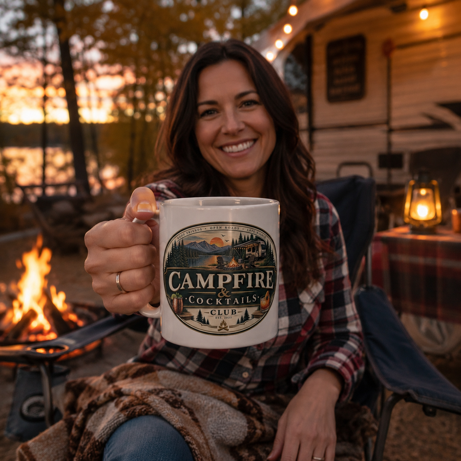 Camping & Cocktails Club 20oz Jumbo Mug — Rustic Outdoorsman Coffee Cup - No Safe Tee's