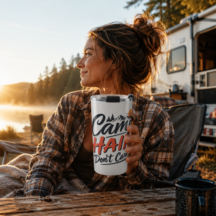 Camp Hair Don’t Care Travel Mug, 20oz RV Camping Stainless Steel Tumbler - No Safe Tee's
