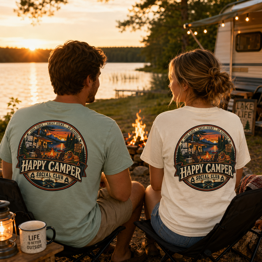 Happy Camper T-Shirt — 'Happy Camper Social Club' Camping Graphic Tee - No Safe Tee's