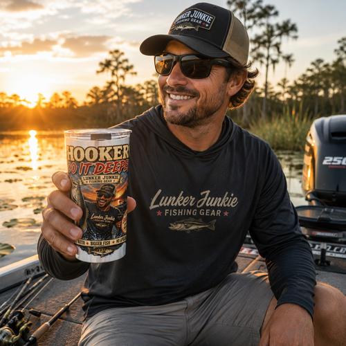 Fishing Tumbler 20oz – "Hooker Go It Deeper" Lunker Junkie Insulated Travel Cup - No Safe Tee's