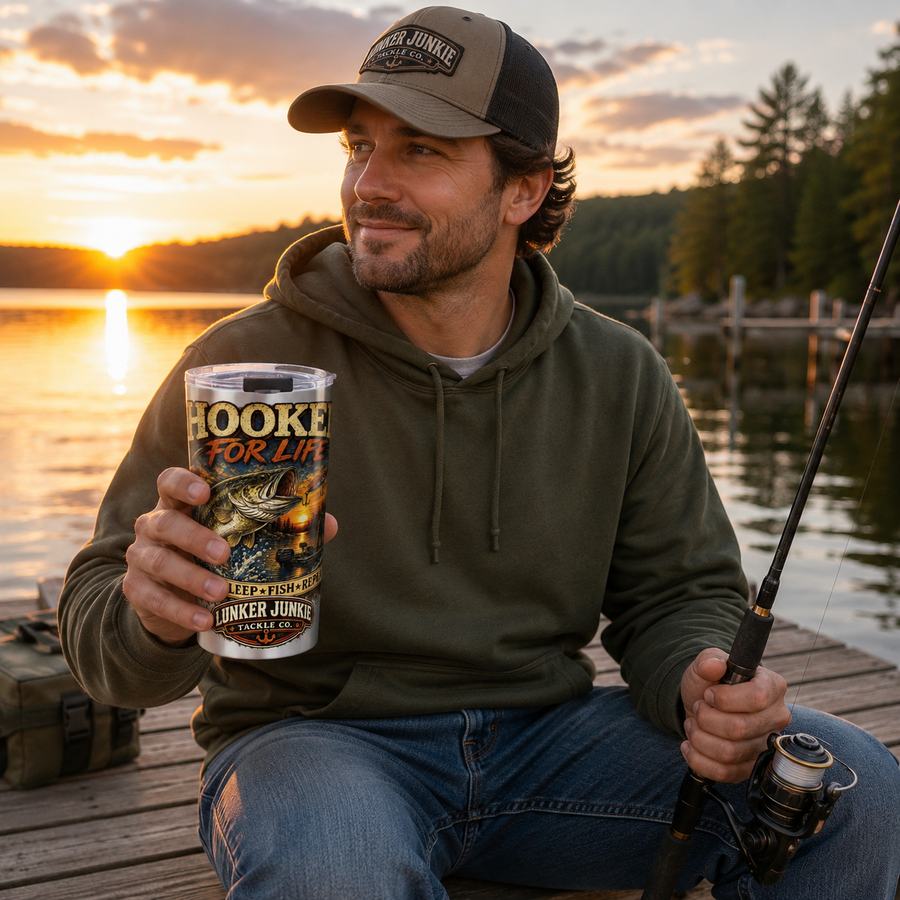 Hooked For Life 20oz Tumbler — Lunker Junkie Fishing Insulated Cup - No Safe Tee's