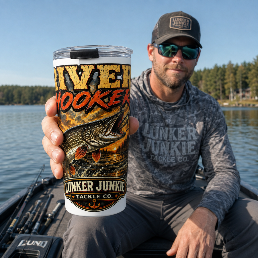 "River Hooker" Lunker Junkie 20oz Insulated Travel Cup - No Safe Tee's