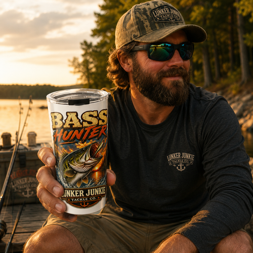 Bass Hunter 20oz Tumbler – Lunker Junkie Fishing Travel Mug - No Safe Tee's