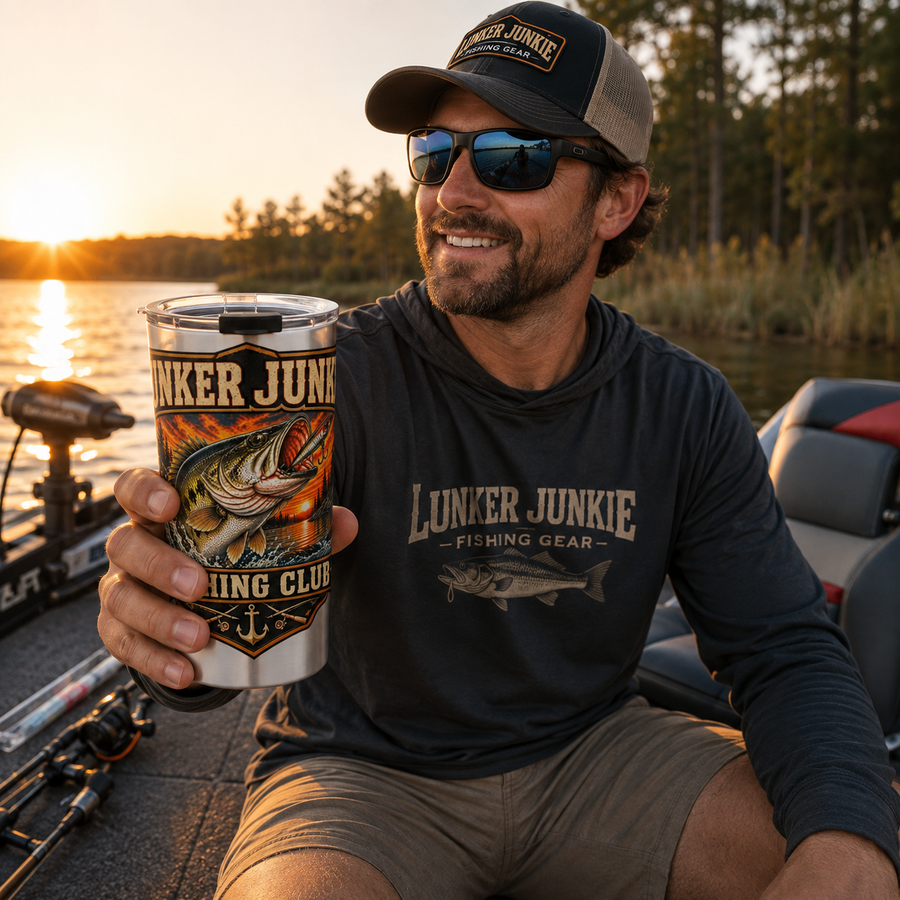Fishing Club 20oz Tumbler — Lunker Junkie Bass Angler Travel Mug - No Safe Tee's