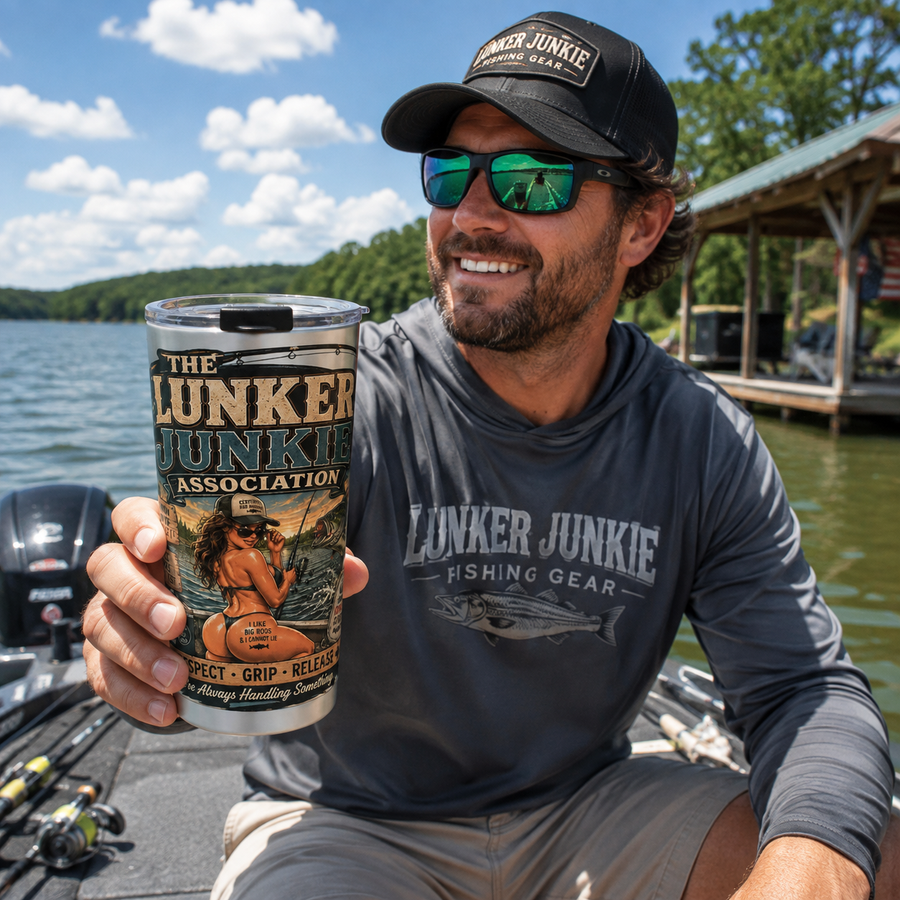 Lunker Junkie 20oz Fishing Tumbler – The Lunker Junkie Association Design - No Safe Tee's