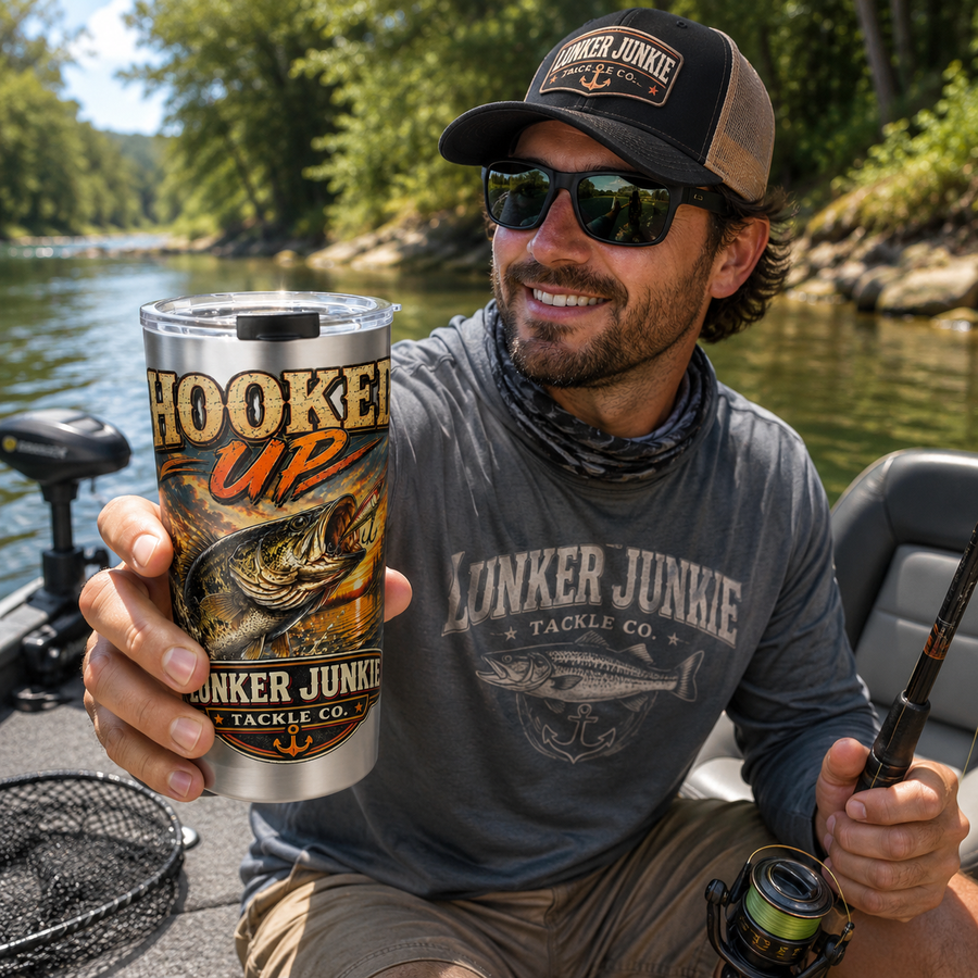 Fishing Tumbler - "Hooked Up" Lunker Junkie 20oz Insulated Travel Mug - No Safe Tee's
