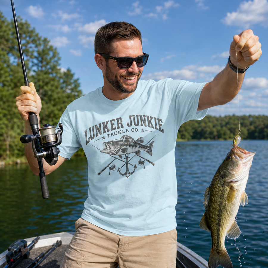 Lunker Junkie Fishing T-Shirt – Vintage Angler Tee - No Safe Tee's