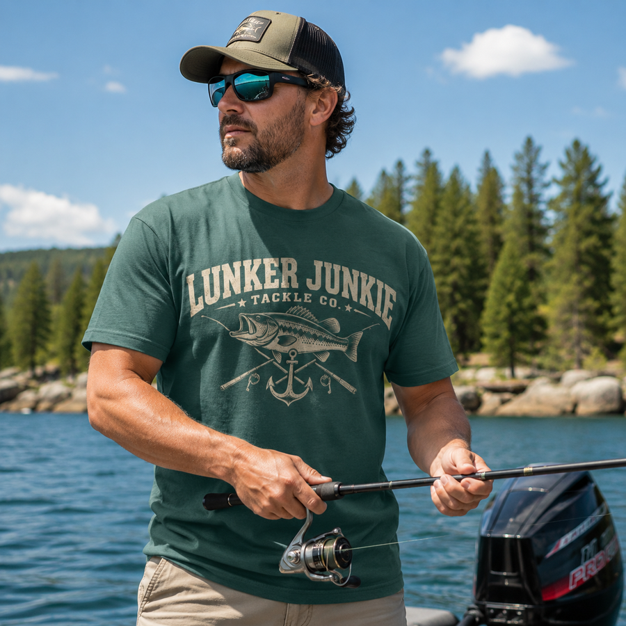 Lunker Junkie Fishing T-Shirt — Vintage Bass Angler Tee - No Safe Tee's