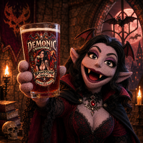 Demonic Brewing Co. Brimstone Brew 16oz Pint Glass — Retro Halloween Demon Glass (Female) - No Safe Tee's