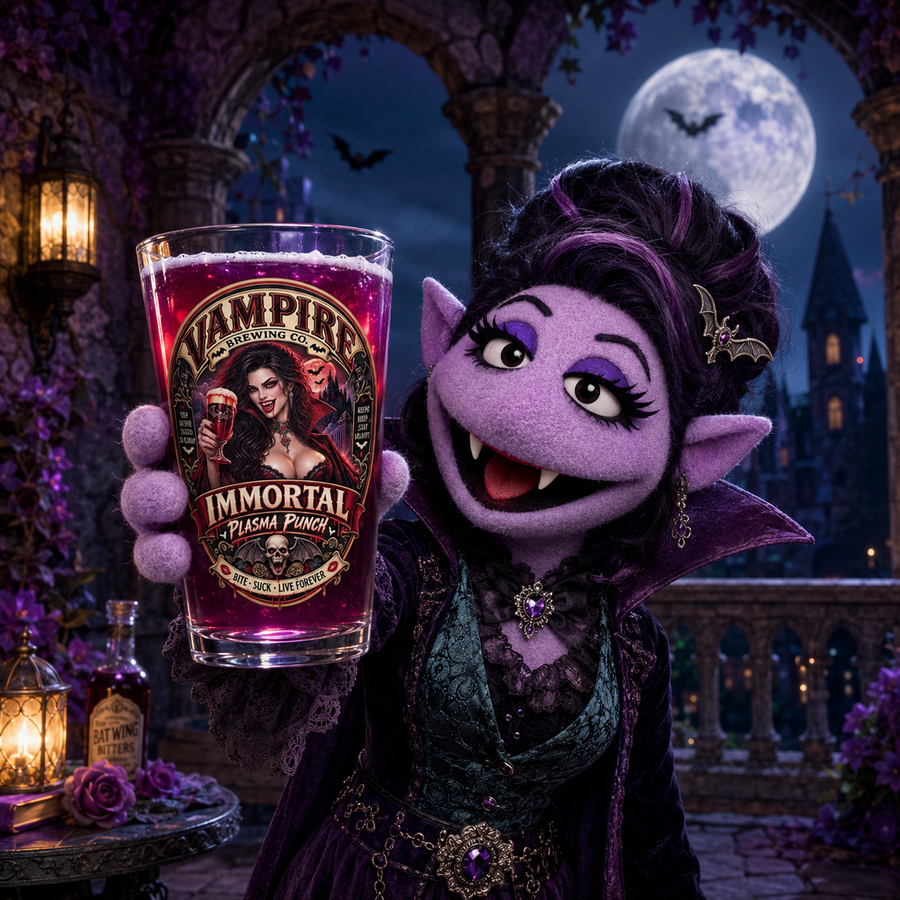 Vampire Brewing Co. Immortal Plasma Punch 16oz Pint Glass — Retro Halloween Vampire Glass (Female) - No Safe Tee's