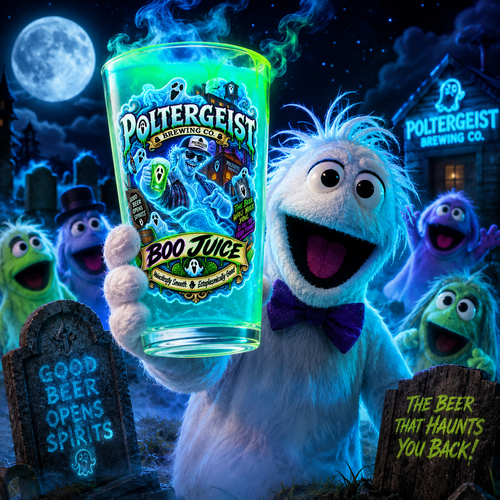 Poltergeist Brewing Co. Boo Juice 16oz Pint Glass — Retro Halloween Ghost Bartender Glass (Male) - No Safe Tee's