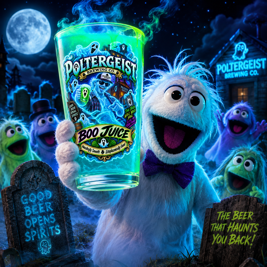 Poltergeist Brewing Co. Boo Juice 16oz Pint Glass — Retro Halloween Ghost Bartender Glass (Male) - No Safe Tee's
