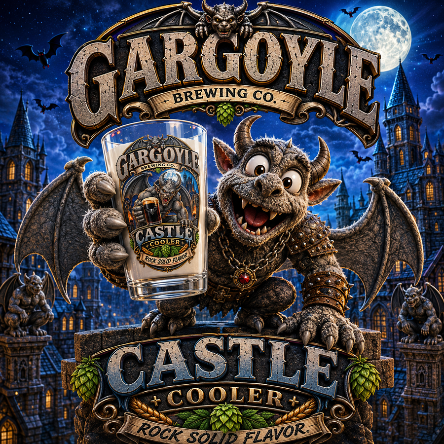 Gargoyle Brewing Co. Castle Cooler 16oz Pint Glass — Retro Halloween Gothic Glass - No Safe Tee's