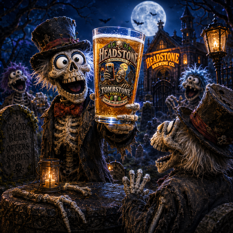 Headstone Brewing Co. Tombstone Tonic 16oz Pint Glass — Retro Halloween Graveyard Glass - No Safe Tee's