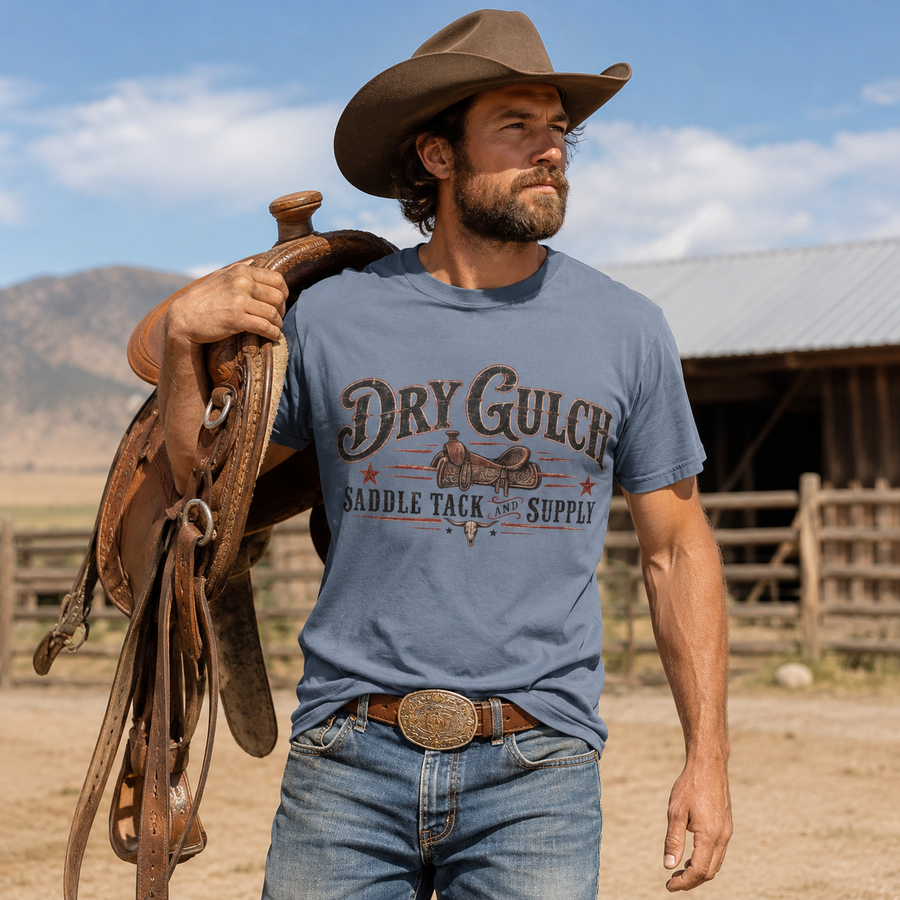 Dry Gulch Saddle Tack & Supply T-Shirt — Rustic Western Saddle Graphic Tee - No Safe Tee's