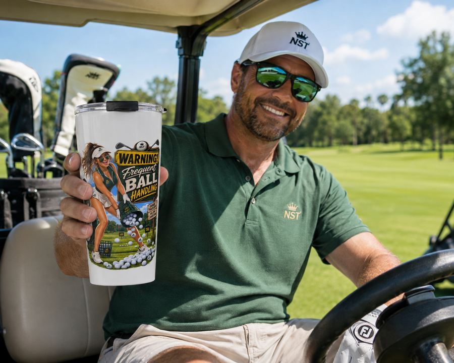"Warning! Frequent Ball Handling" 20oz Golf Tumbler — Retro Pinup Travel Cup - No Safe Tee's