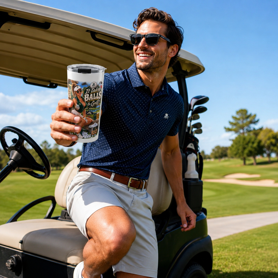 "It Takes Balls to Golf!" 20oz Golf Tumbler — Retro Pinup Travel Cup - No Safe Tee's