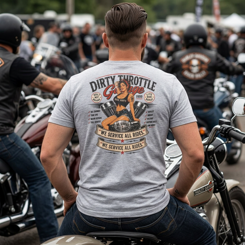 Dirty Throttle Garage T‑Shirt — Retro Pinup Motorcycle Tee (We Service All Rides) - No Safe Tee's