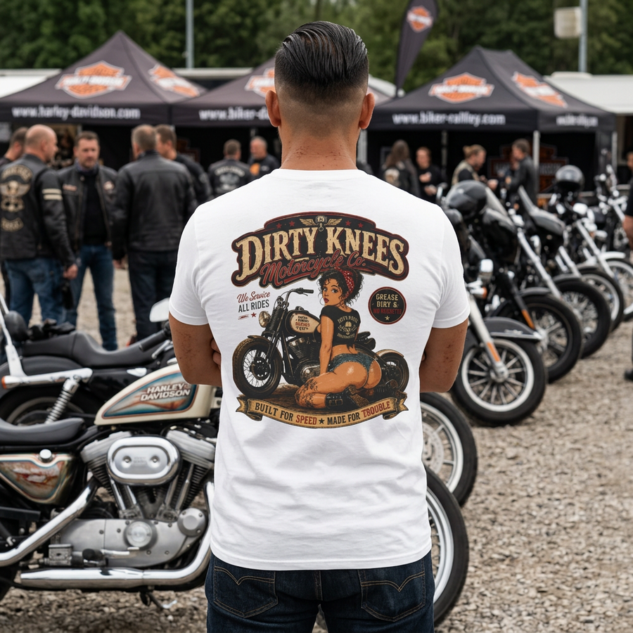 Dirty Knees Motorcycle Pinup Tee — Vintage Biker T-Shirt - No Safe Tee's