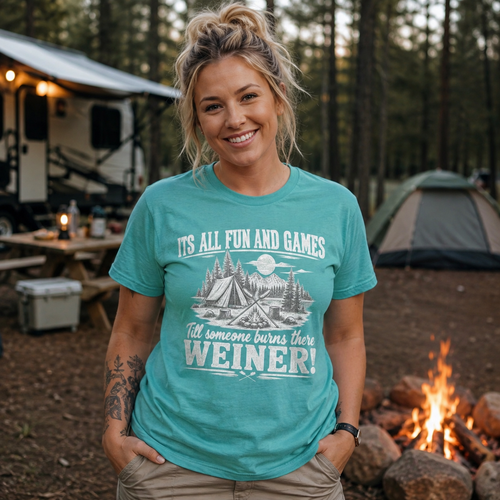 Fun and Games Camping T‑Shirt — "Weiner!" Retro Campfire Design