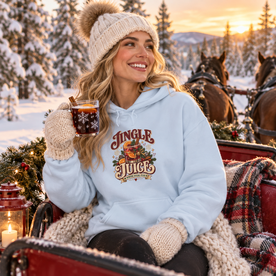 Jingle Juice Hoodie — Festive Holiday Christmas Hoodie with Retro Santa & Cocoa Graphic